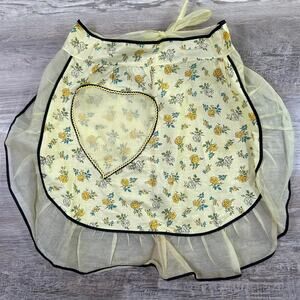 Vintage Yellow Floral Apron Heart Pocket Sheer Trim Cottagecore Hostess